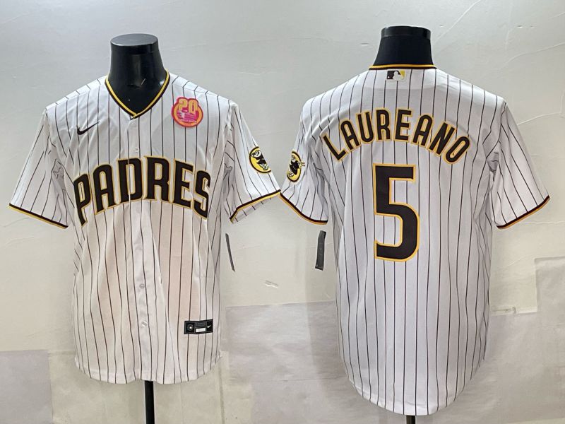 Men San Diego Padres 5 Laureano White Stripe Nike 2025 MLB Jersey 05